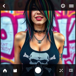 close-up torso shot of a gorgeous female with large chest and black hair featuring colorful stripes, wearing a Misfits skull tank top, adorned with punk chains