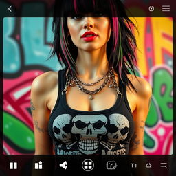 close-up torso shot of a gorgeous female with large chest and black hair featuring colorful stripes, wearing a Misfits skull tank top, adorned with punk chains