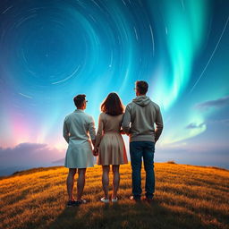 An artistic scene of two couples, each consisting of a man and a woman, standing with their backs facing the viewer, looking up at the expansive sky