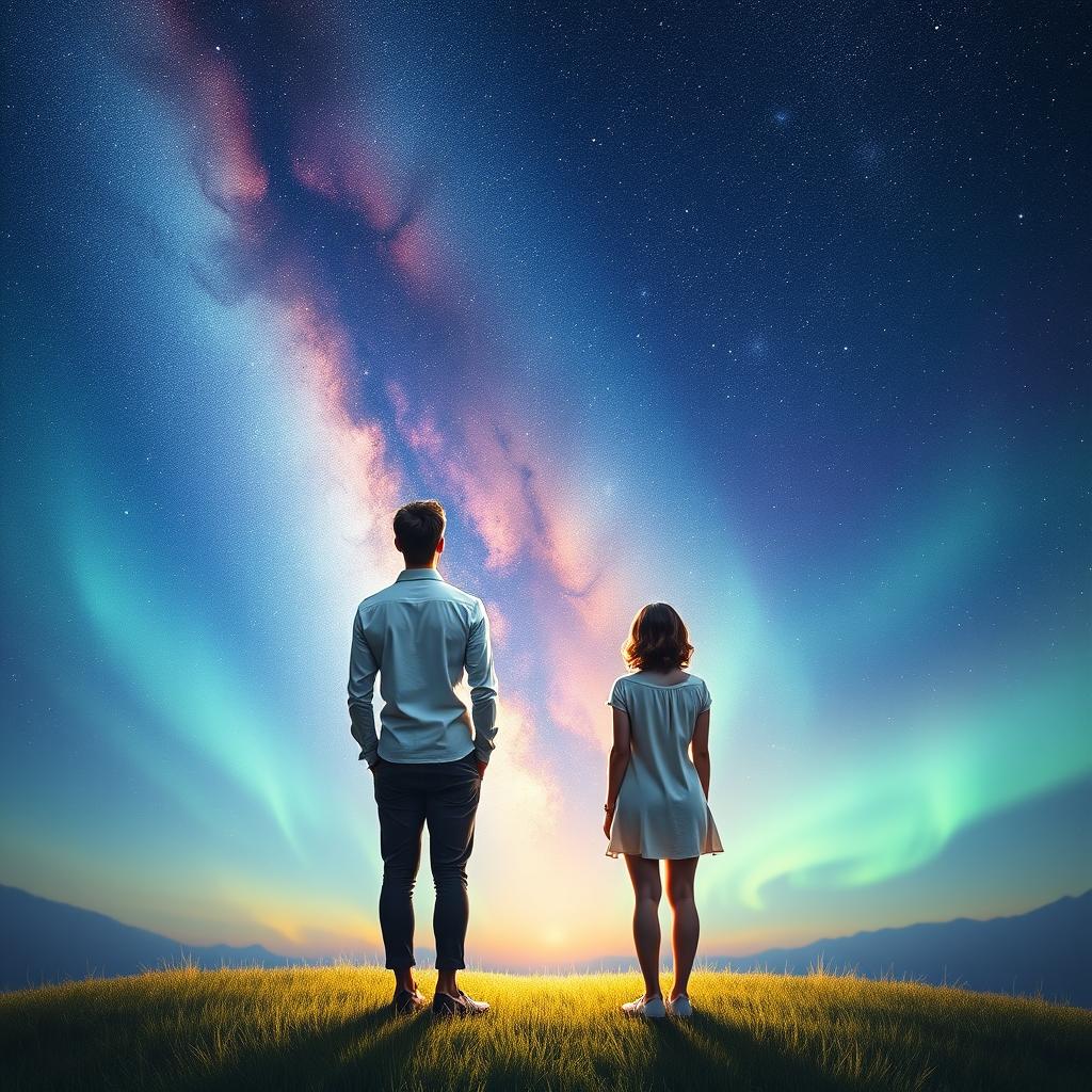 An artistic scene of two couples, each consisting of a man and a woman, standing with their backs facing the viewer, looking up at the expansive sky