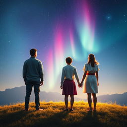 An artistic scene of two couples, each consisting of a man and a woman, standing with their backs facing the viewer, looking up at the expansive sky