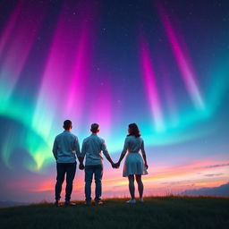 An artistic scene of two couples, each consisting of a man and a woman, standing with their backs facing the viewer, looking up at the expansive sky