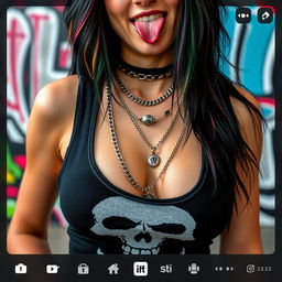 A close-up torso shot of a gorgeous female with black hair featuring colorful stripes, wearing a Misfits skull tank top