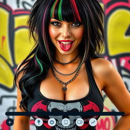 A close-up torso shot of a gorgeous female with black hair featuring colorful stripes, wearing a Misfits skull tank top