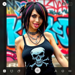 A close-up torso shot of a gorgeous female with black hair featuring colorful stripes, wearing a Misfits skull tank top