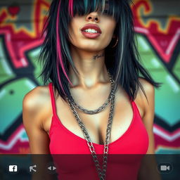 A close-up torso shot of a gorgeous woman with black hair featuring colorful stripes, wearing a cherry tank top