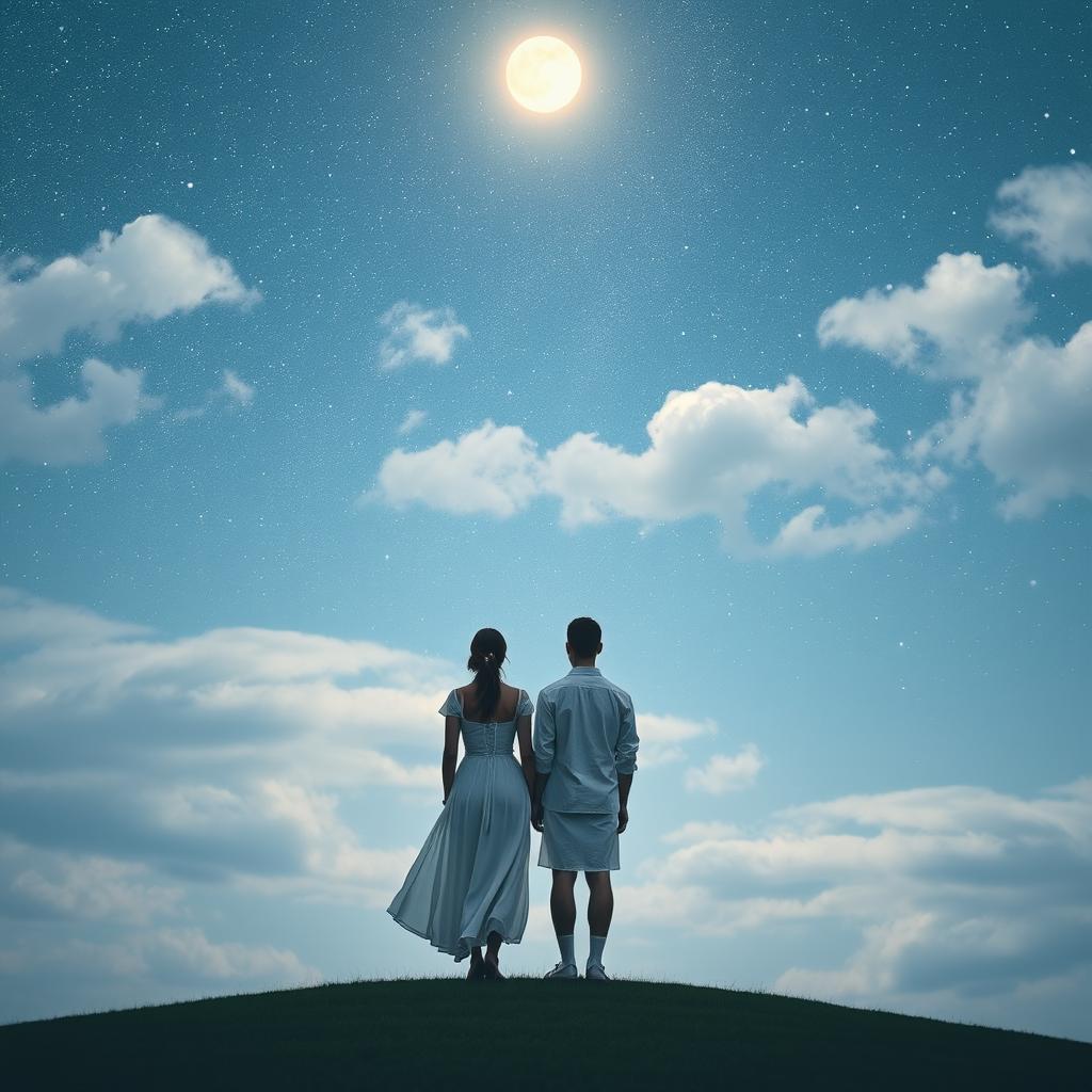 A serene scene featuring a man and a woman standing side by side with their backs to the viewer, looking up at the expansive sky