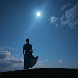 A serene scene featuring a man and a woman standing side by side with their backs to the viewer, looking up at the expansive sky