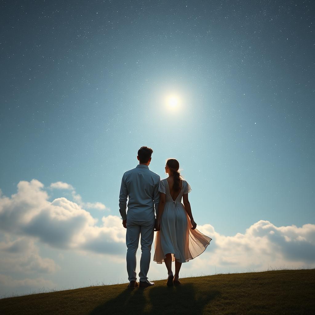 A serene scene featuring a man and a woman standing side by side with their backs to the viewer, looking up at the expansive sky