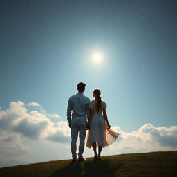 A serene scene featuring a man and a woman standing side by side with their backs to the viewer, looking up at the expansive sky