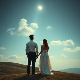 A serene scene featuring a man and a woman standing side by side with their backs to the viewer, looking up at the expansive sky