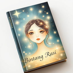 aesthetic and classy fantasy book cover titled 'Bintang Rasi' featuring a simple but beautiful girl surrounded by a starry constellation