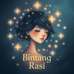 aesthetic and classy fantasy book cover titled 'Bintang Rasi' featuring a simple but beautiful girl surrounded by a starry constellation