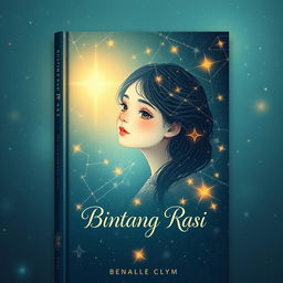 aesthetic and classy fantasy book cover titled 'Bintang Rasi' featuring a simple but beautiful girl surrounded by a starry constellation