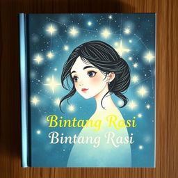 aesthetic and classy fantasy book cover titled 'Bintang Rasi' featuring a simple but beautiful girl surrounded by a starry constellation