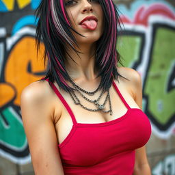 Close-up torso shot of a gorgeous woman with black hair featuring color stripes