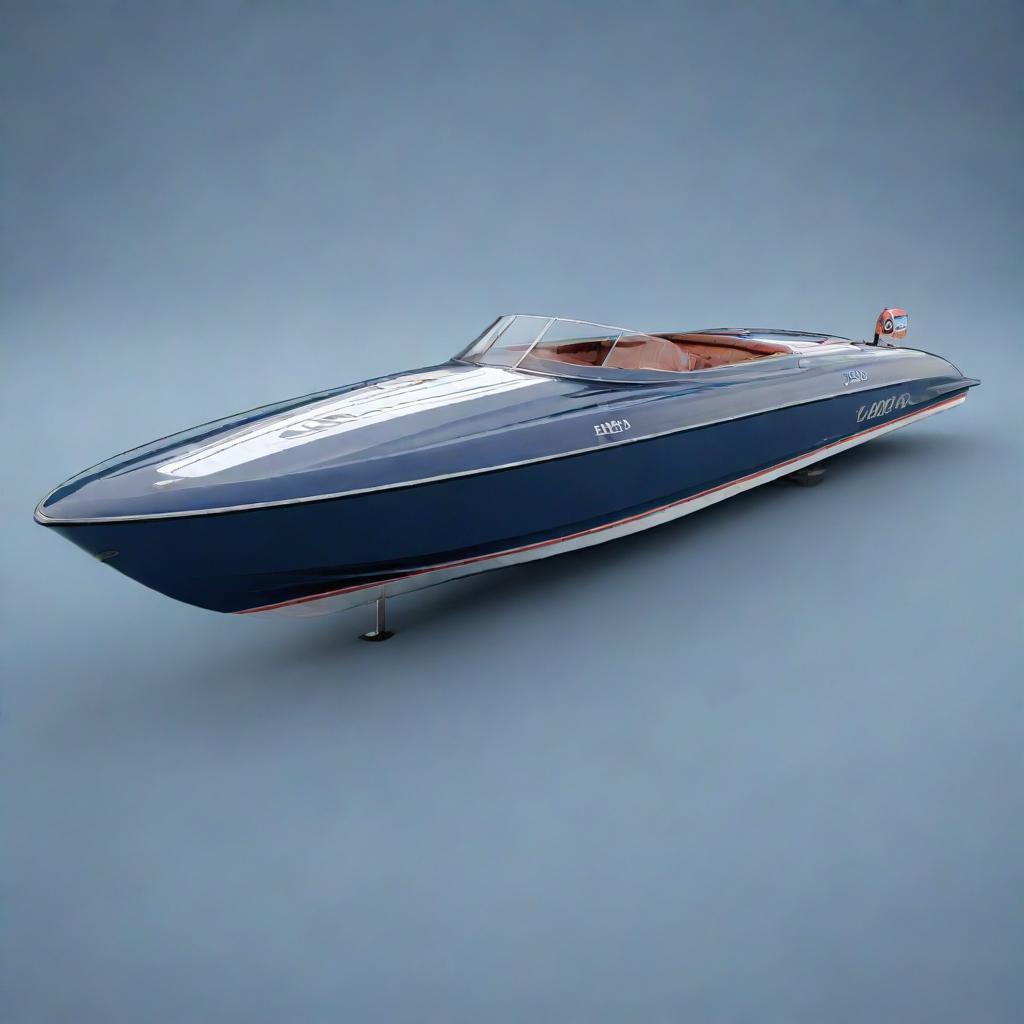 A stylish and classic speed boat design that reflects the elegant design elements, vibrant colors, and iconic logo of a Lancia racing car