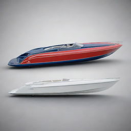 A stylish and classic speed boat design that reflects the elegant design elements, vibrant colors, and iconic logo of a Lancia racing car