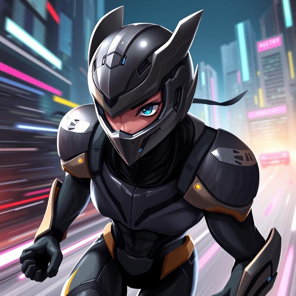 a character from Ashen Victor, displaying a sleek and futuristic design, wearing a unique helmet with a metallic sheen and asymmetrical armor