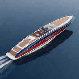 A stylish and classic speed boat design that reflects the elegant design elements, vibrant colors, and iconic logo of a Lancia racing car