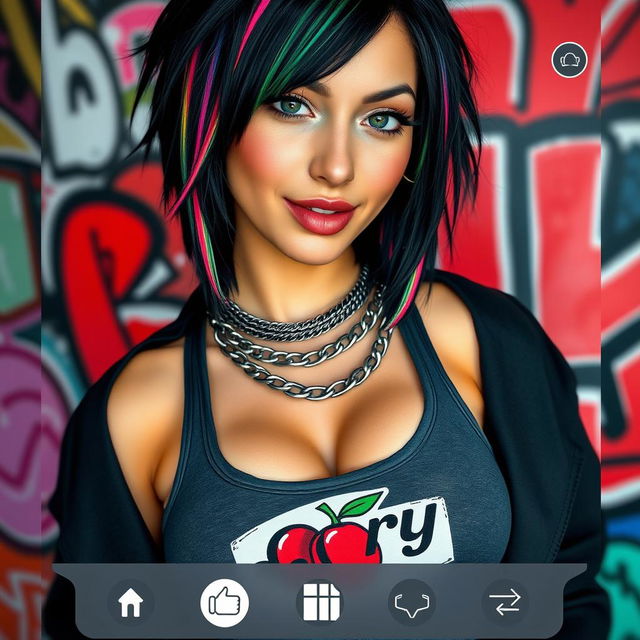 A close-up torso shot of a gorgeous female with black hair featuring colorful stripes, wearing a tank top with a distinctive "cherry" logo