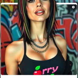 A close-up torso shot of a gorgeous female with black hair featuring colorful stripes, wearing a tank top with a distinctive "cherry" logo