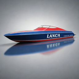 A stylish and classic speed boat design that reflects the elegant design elements, vibrant colors, and iconic logo of a Lancia racing car