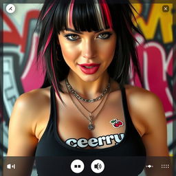 Close-up on the chest of a gorgeous female with black hair featuring color stripes