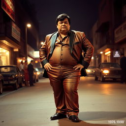 A short and slightly overweight Mexican man known as the King of Heroin, standing confidently in a tight and flashy 1970s-style suit, with enormous thighs that strain against the fabric