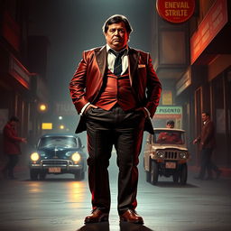 A short and slightly overweight Mexican man known as the King of Heroin, standing confidently in a tight and flashy 1970s-style suit, with enormous thighs that strain against the fabric