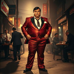 A short and slightly overweight Mexican man known as the King of Heroin, standing confidently in a tight and flashy 1970s-style suit, with enormous thighs that strain against the fabric