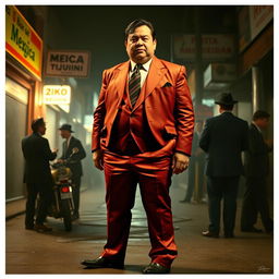 A short and slightly overweight Mexican man known as the King of Heroin, standing confidently in a tight and flashy 1970s-style suit, with enormous thighs that strain against the fabric