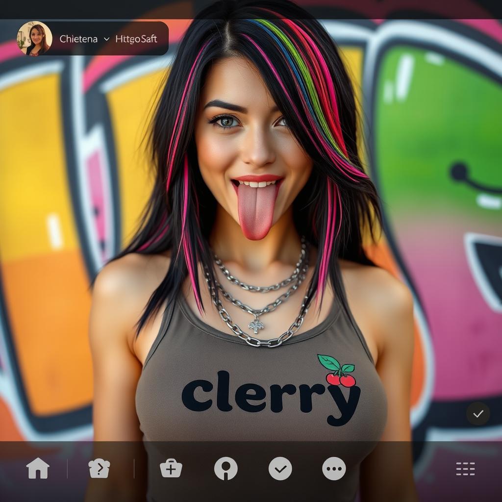 A close-up torso shot of a gorgeous female with black hair complemented by colorful stripes