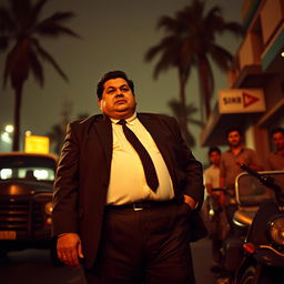 A powerful scene from a Netflix TV show set between 1978 and 1990, depicting a short, slightly overweight Mexican man with enormous thighs in Tijuana