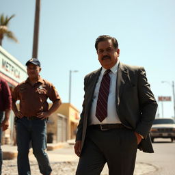 A powerful scene from a Netflix TV show set between 1978 and 1990, depicting a short, slightly overweight Mexican man with enormous thighs in Tijuana