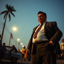 A powerful scene from a Netflix TV show set between 1978 and 1990, depicting a short, slightly overweight Mexican man with enormous thighs in Tijuana