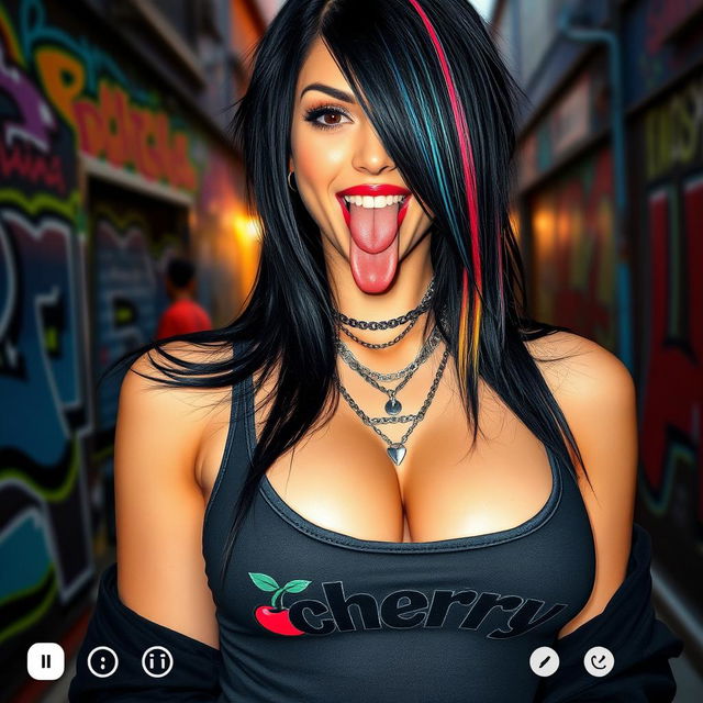 close-up shot focusing on the upper body of a gorgeous woman with long black hair enhanced with colorful streaks, wearing a tank top emblazoned with a 'cherry' logo