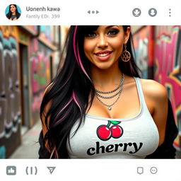 close-up shot focusing on the upper body of a gorgeous woman with long black hair enhanced with colorful streaks, wearing a tank top emblazoned with a 'cherry' logo