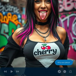 close-up shot focusing on the upper body of a gorgeous woman with long black hair enhanced with colorful streaks, wearing a tank top emblazoned with a 'cherry' logo