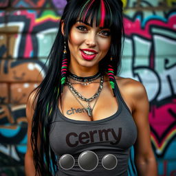 Close-up shot of a gorgeous female with long black hair featuring colorful stripes