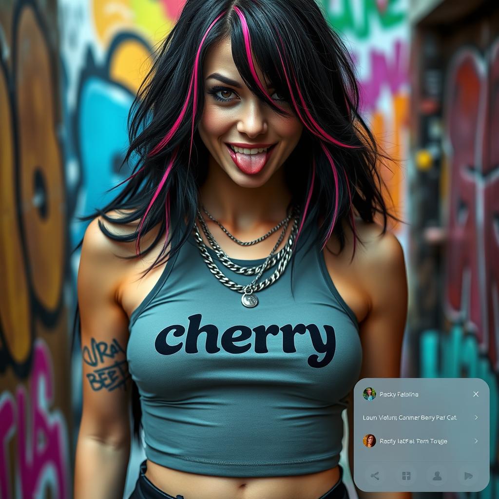 close-up shot of a gorgeous female with black hair featuring color stripes, wearing a 'cherry' logo tank top accentuated by punk chains