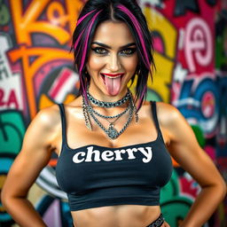 close-up shot of a gorgeous female with black hair featuring color stripes, wearing a 'cherry' logo tank top accentuated by punk chains