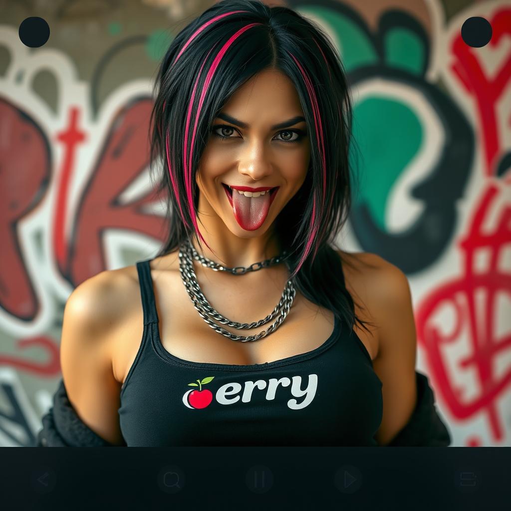 Close-up of a gorgeous woman with black hair featuring color stripes, wearing a tank top adorned with a 'cherry' logo