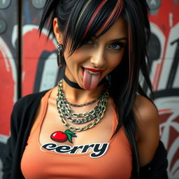 Close-up of a gorgeous woman with black hair featuring color stripes, wearing a tank top adorned with a 'cherry' logo