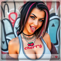 Close-up of a gorgeous woman with black hair featuring color stripes, wearing a tank top adorned with a 'cherry' logo