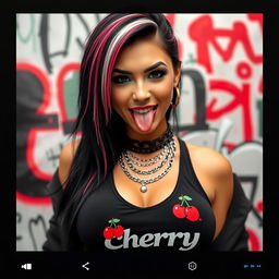 Close-up of a gorgeous woman with black hair featuring color stripes, wearing a tank top adorned with a 'cherry' logo