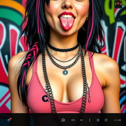 A close-up torso shot of a gorgeous female with striking black hair accented by colorful stripes