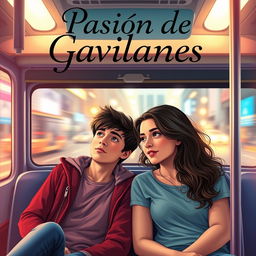 A captivating book cover for the novel titled "Pasión de Gavilanes" featuring two teenagers on a bus