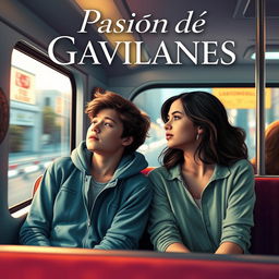 A captivating book cover for the novel titled "Pasión de Gavilanes" featuring two teenagers on a bus