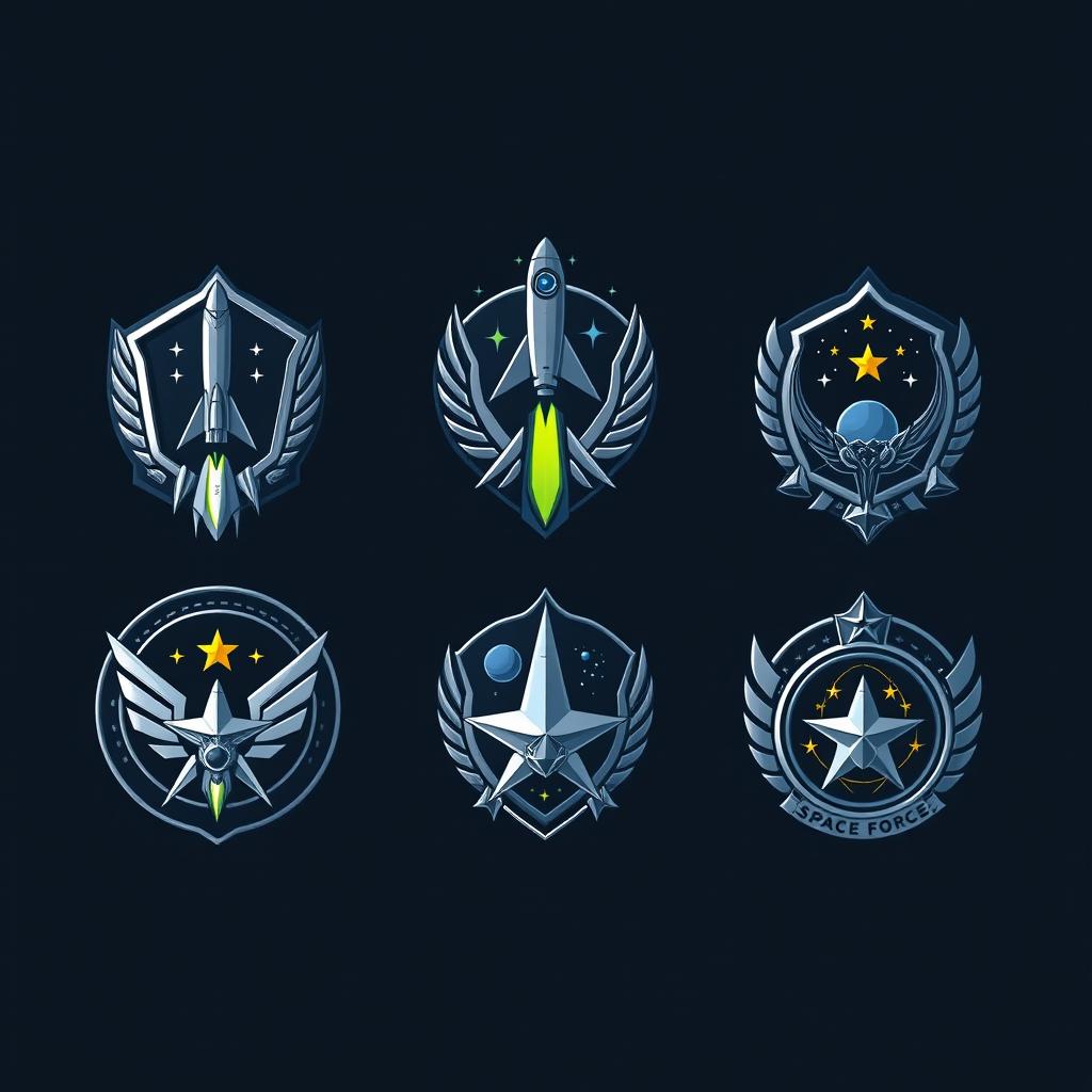 Create a series of detailed and futuristic space force badges and ranks, featuring rocket ships, planetary motifs, stars, and cosmic imagery